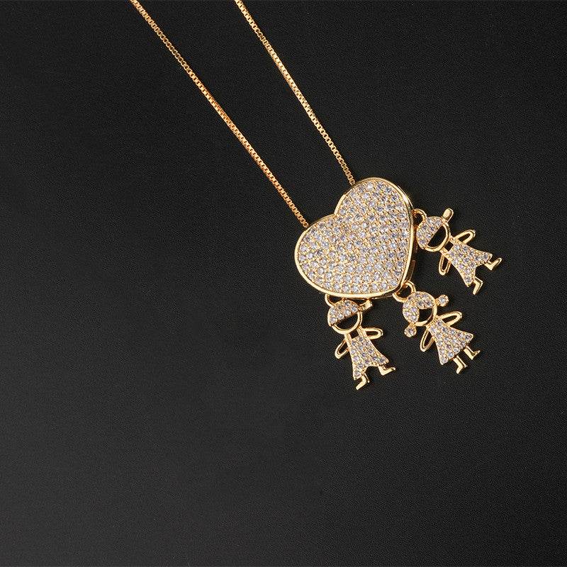 Fashion Jewelry Son Daughter Heart Gold Color Cubic Zirconia Family Girl Boy Pendant Necklace Chain Jewelry For Mother Gift - Velora