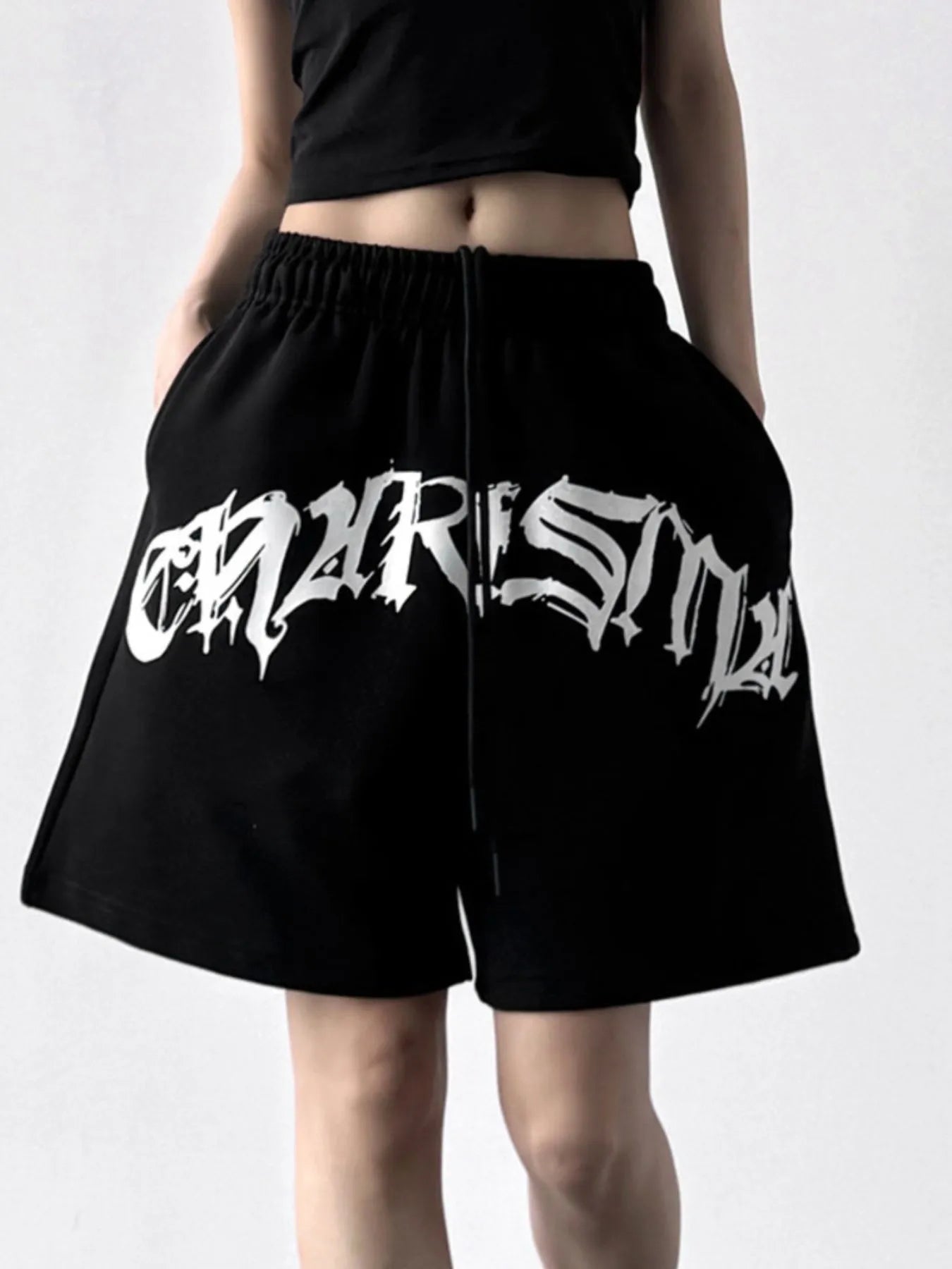 Oversized Drawstring Letter Shorts - Velora