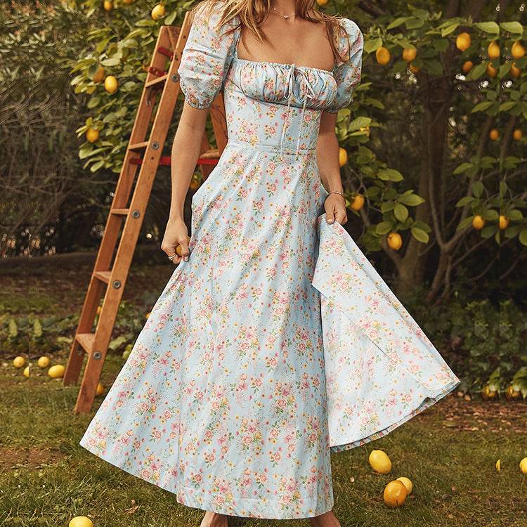 Summer Floral Print Dress Women Sexy Party Long Dresses Puff Short Sleeve - Velora