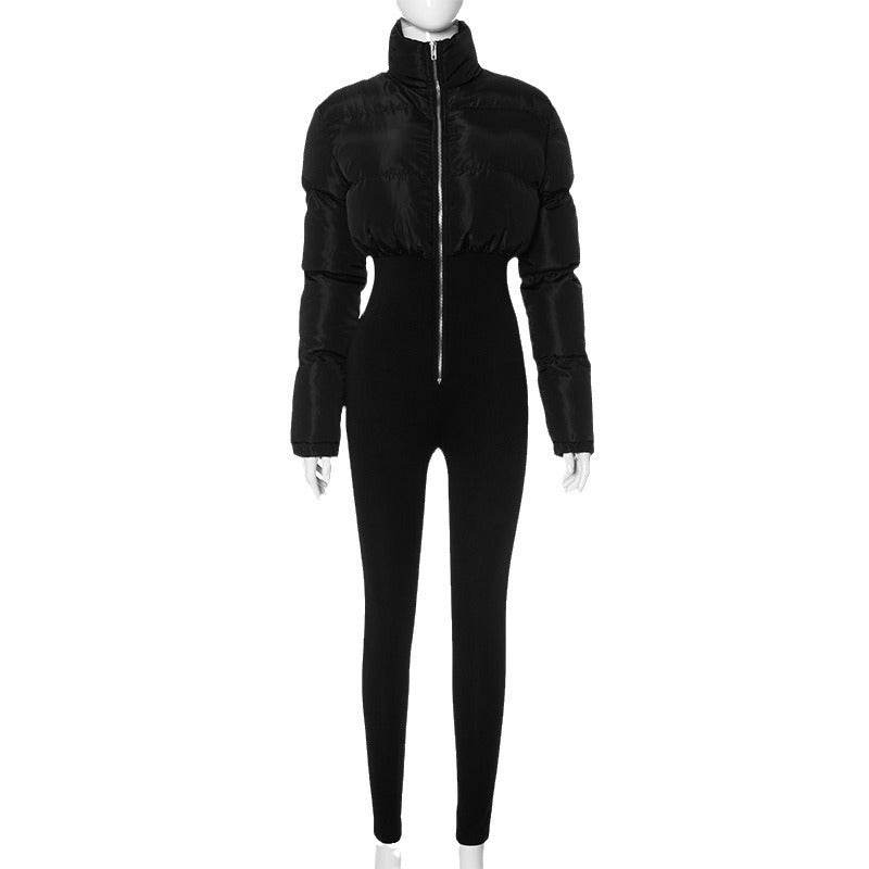 Fashion Stretch Pure Color Tight Zipper Thermal Cotton Suit One-piece Trousers - Velora