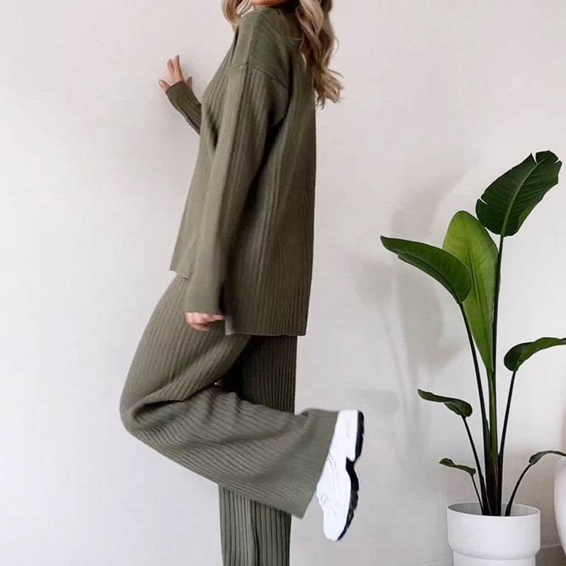 Turtleneck Knitted Suit Loose Split Design Long-sleeved Top And Straight Trousers Fashion Casual Solid Set Women's Clothing - Velora