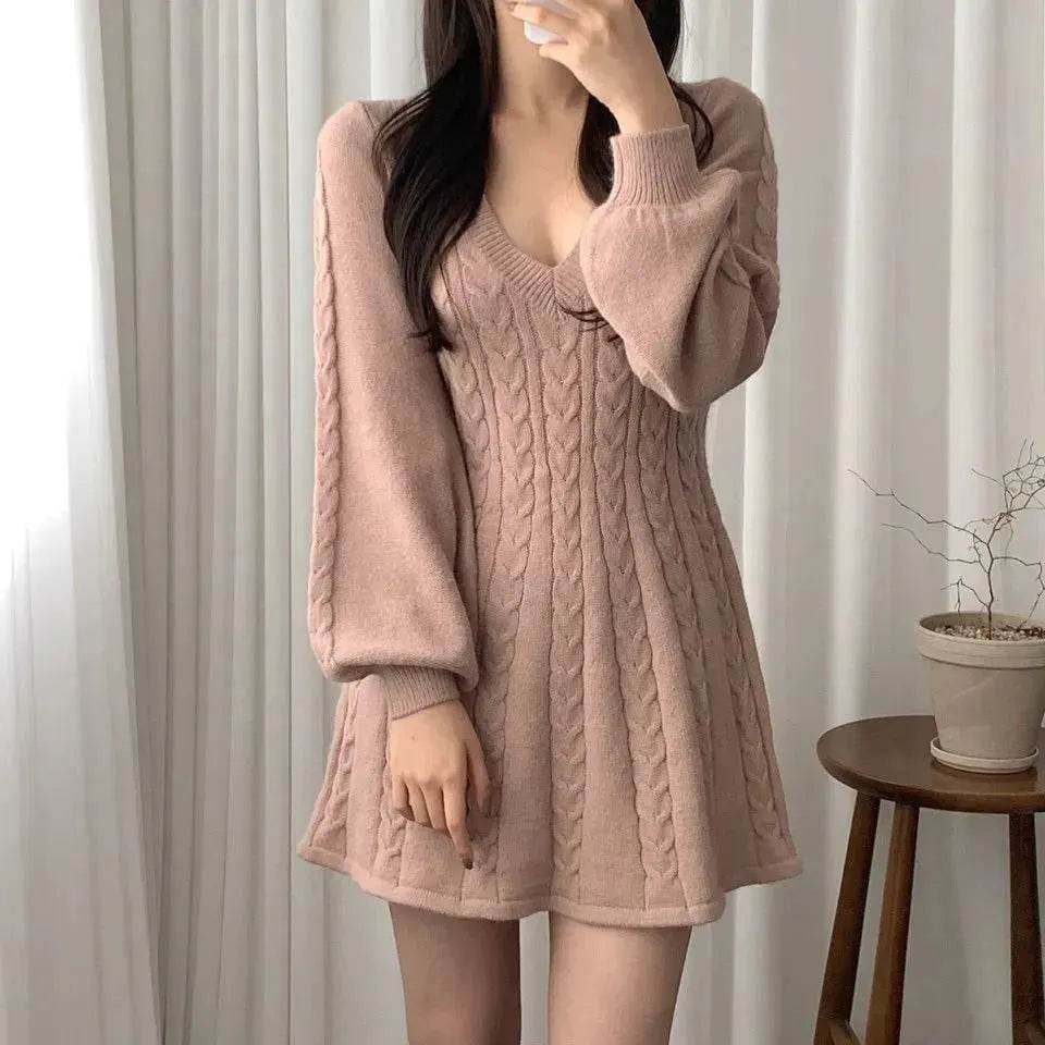 Fashionable Autumn Winter Mini Flared Knitted Sweater Dress - Velora