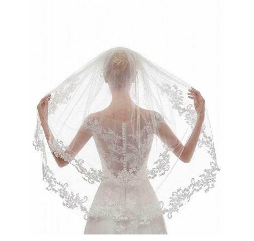 Veil White Ivory Embroidery Applique Double Rounds Comb - Velora