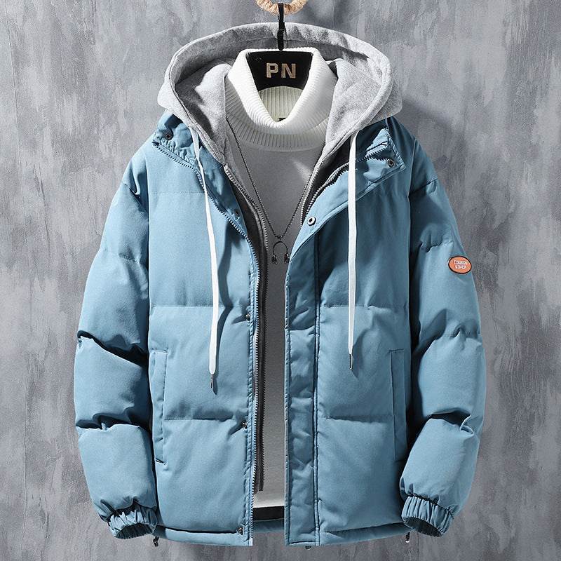 Fashion Hooded Jacket Men Winter Windproof Thickened Fake Two-piece Coat Solid Leisure Sports Cotton Jacket - Velora