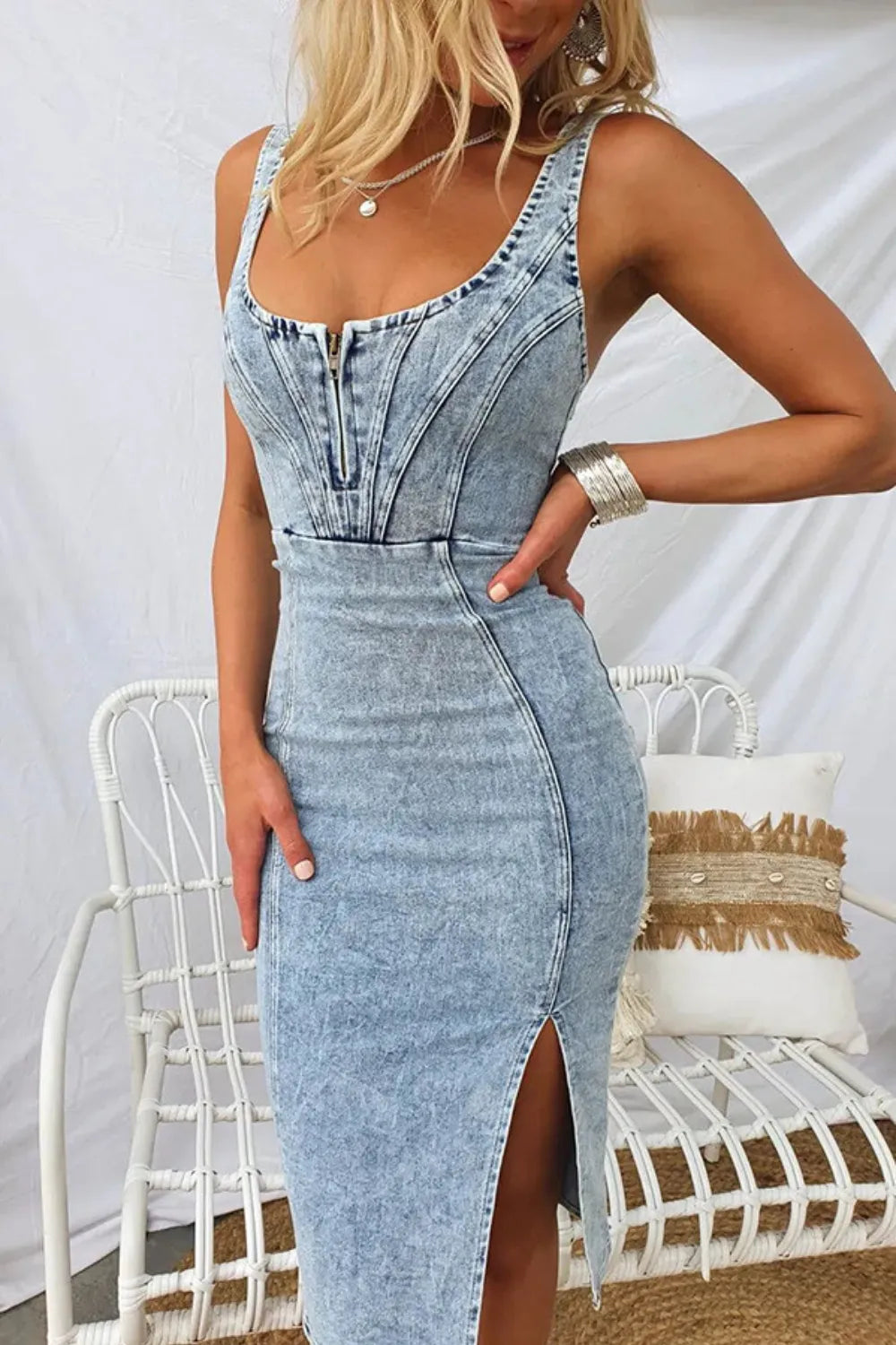 Side Slit Washed Scoop Neck Denim Dress - Velora