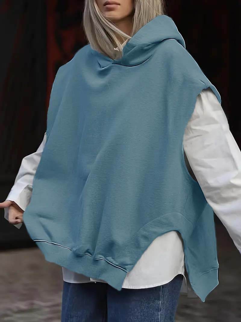 Women's Solid Color Style Loose Sleeveless Hooded Jacket Sweater - Velora