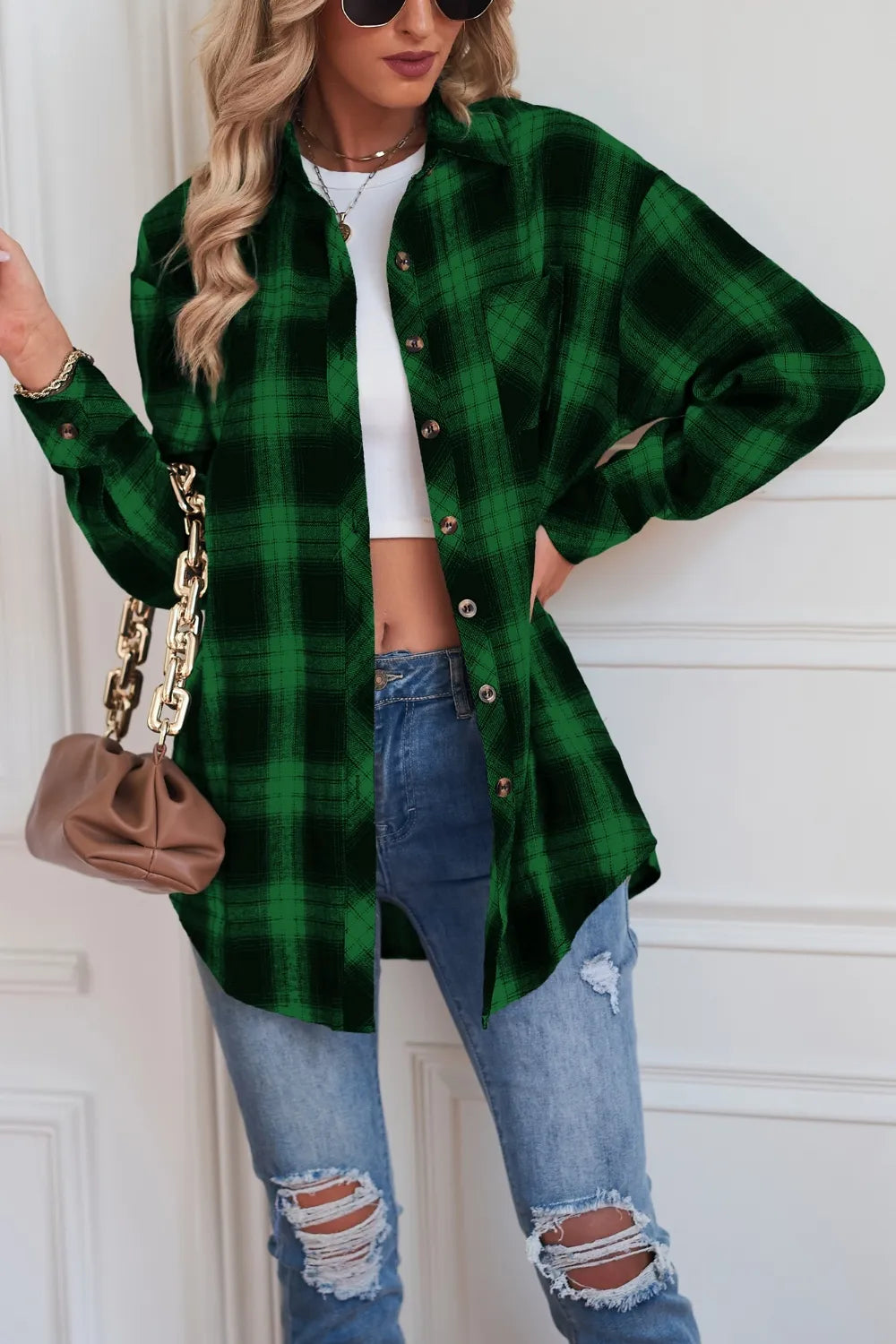 Plaid Button Up Dropped Shoulder Outerwear - Velora