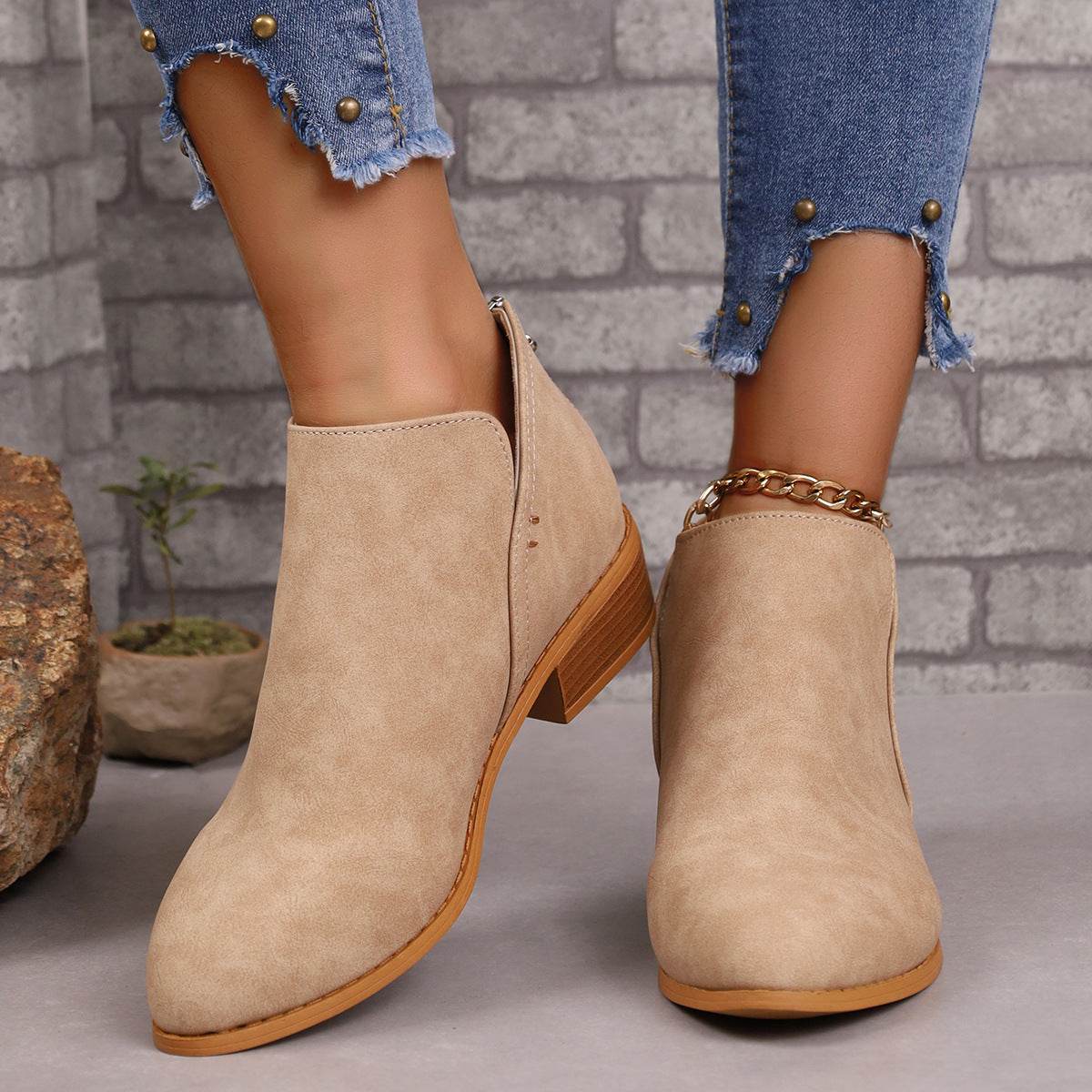 Chunky Heel Pointed Toe Ankle Boots With V-cut Design Fashion Fall Winter Short Boots For Women Shoes - Velora
