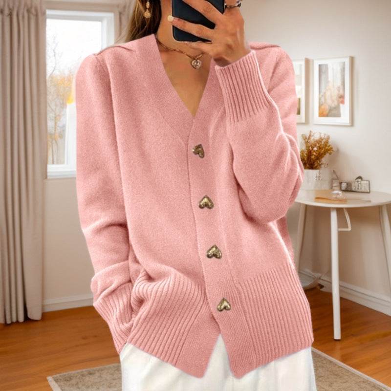 V-neck Knitted Sweater With Love Button Fashion Solid Long-sleeved Cardigan Spring And Autumn Women's Clothing - Velora