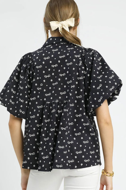 Umgee Bow Print Puff Sleeve Blouse - Velora