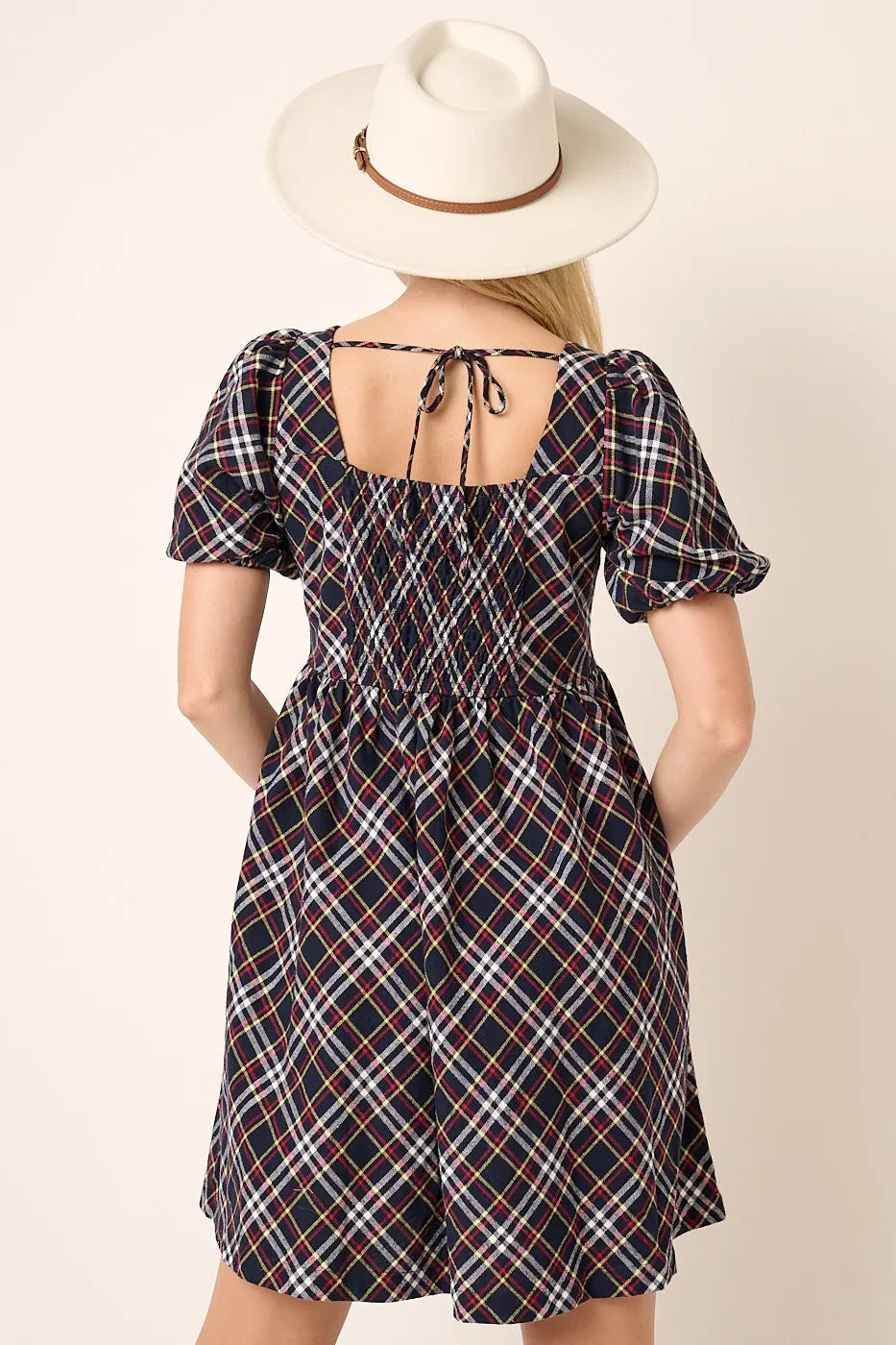 Mittoshop Checkered Print Puff Sleeve Babydoll Mini Dress - Velora
