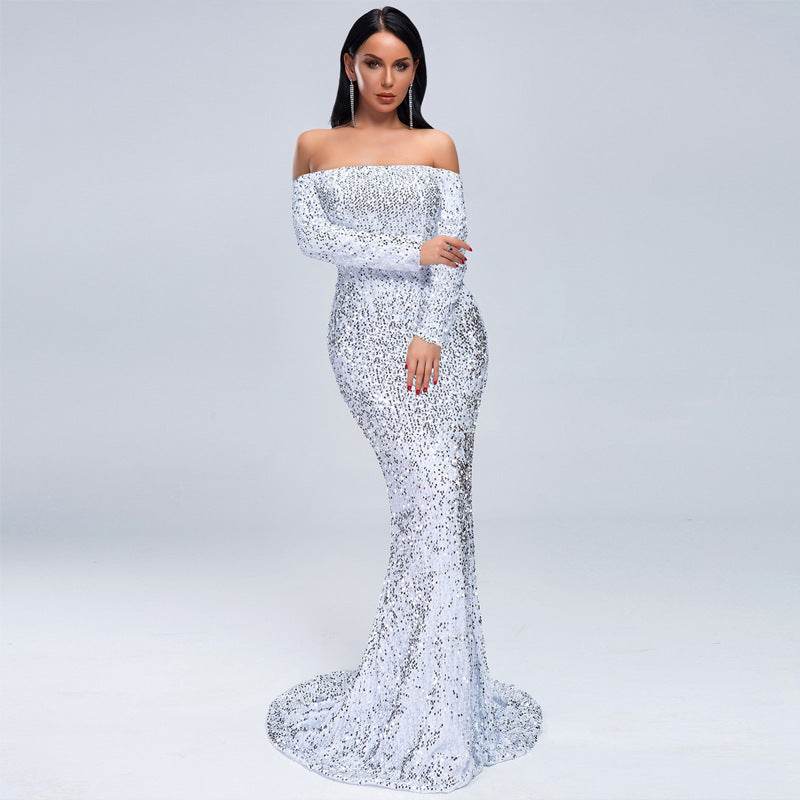 Sexy Strapless Long Sleeve Sequins Party Evening Dress - Velora