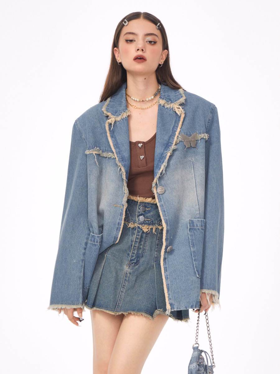 Loose Denim Jacket Polo Collar Single-Breasted Design - Velora