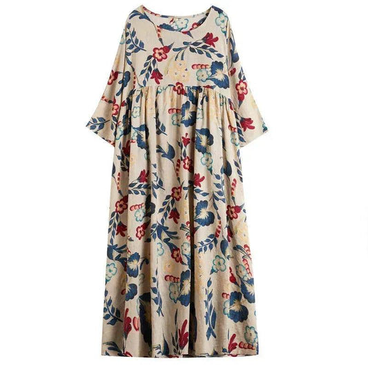 Plus Size Loose Panel Cotton Linen Print Short Sleeve Mum Maxi Dress - Velora