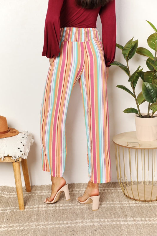 Double Take Striped Smocked Waist Pants with Pockets - Velora