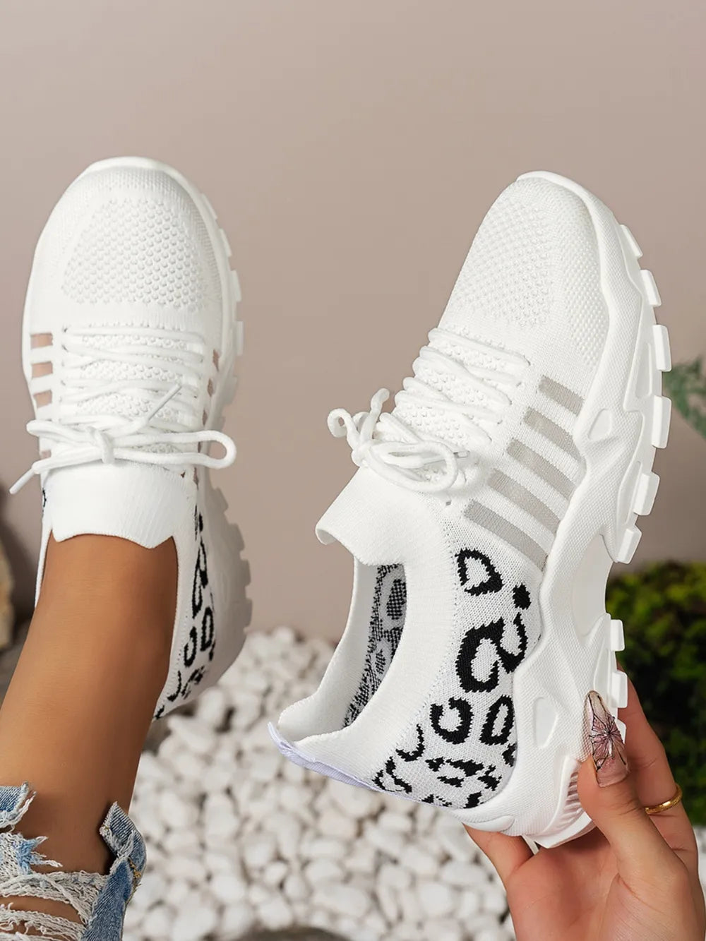 Cutout Leopard Lace Up Mesh Athletic - Velora