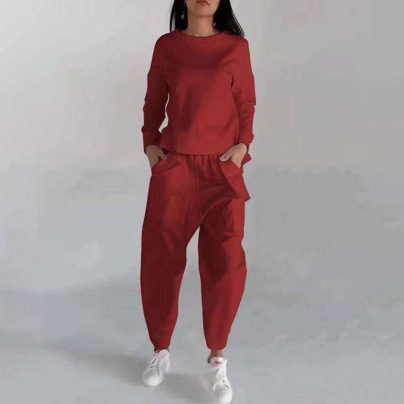 Solid Color Fashion Sweatshirt Long Sleeve Back Slit Top With Pockets Loose Trousers Women's Clothing - Velora