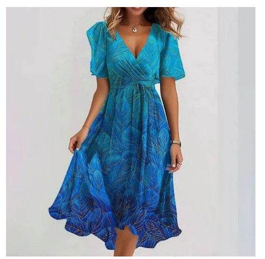 Chiffon Printed Short Sleeve Dress Summer Elegant V-neck Dresses Womens Clothing - Velora