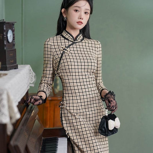 Cheongsam New Rabbit Woolen Improved Plaid Retro Cheongsam - Velora