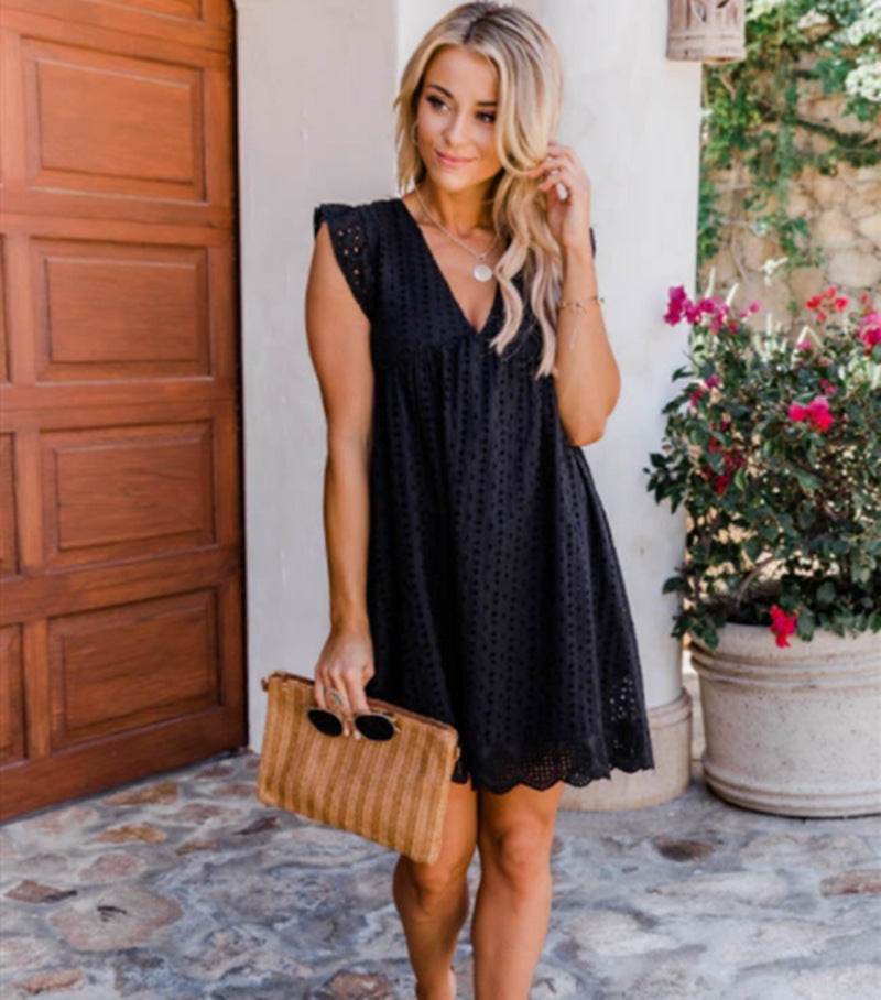 Lace Dresses With Pocket Summer Sleeveless Jacquard Cutout V-Neck Beach Dress - Velora