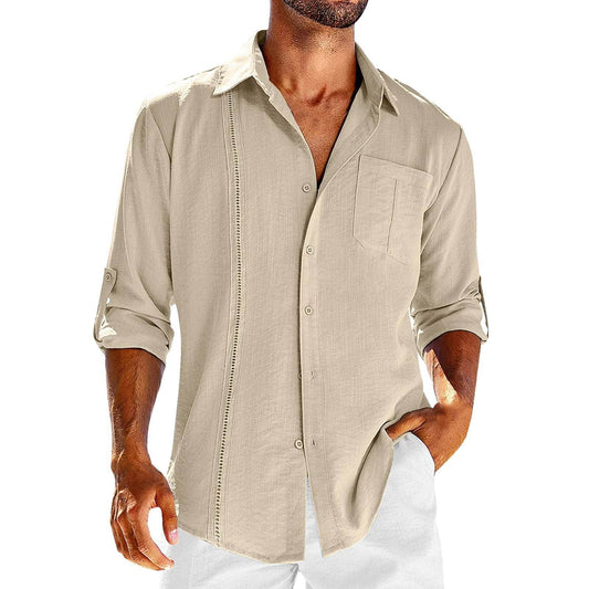 Casual Long Sleeve Shirt With Pocket Lace Polo Collar Solid Color Button Mens Clothing - Velora