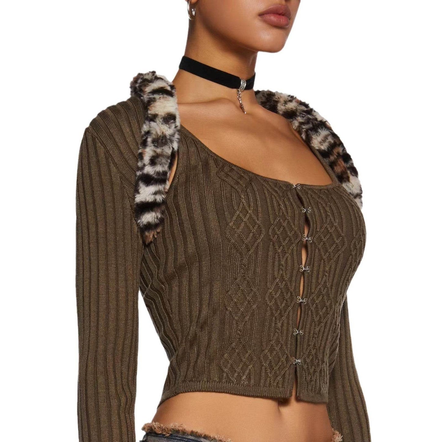 Slim-fit Fleece Patchwork Knitting Top Two-piece Set - Velora
