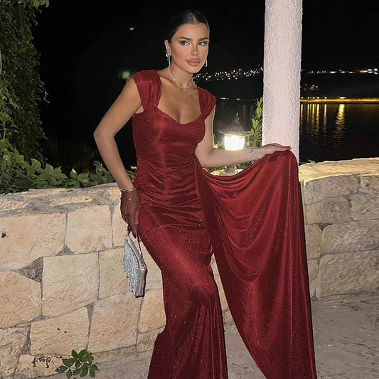 Slim Fit Thin And Glittering Vest Long Dress - Velora