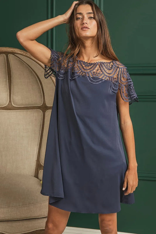 BiBi Crochet Lace Yoke Detailed Wrinkled Dress - Velora