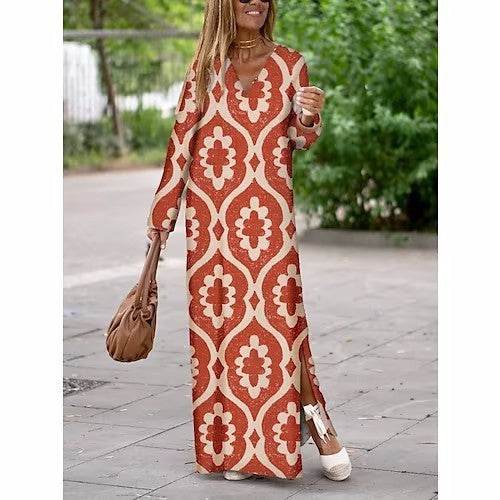 Summer Geometric Printed V-neck Long Dress Fashion Long Sleeve Slit Dresses For Women - Velora