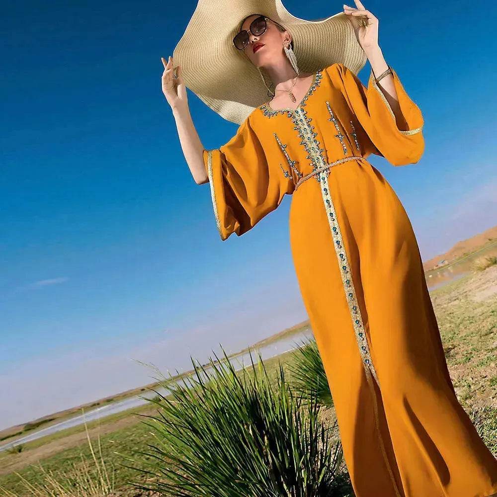 Luxury Hand-stitched Diamond Sleeve Dress Middle East Dubai Abaya Dress Fancy Summer Abaya Turkey Embellished Abaya dress - Velora