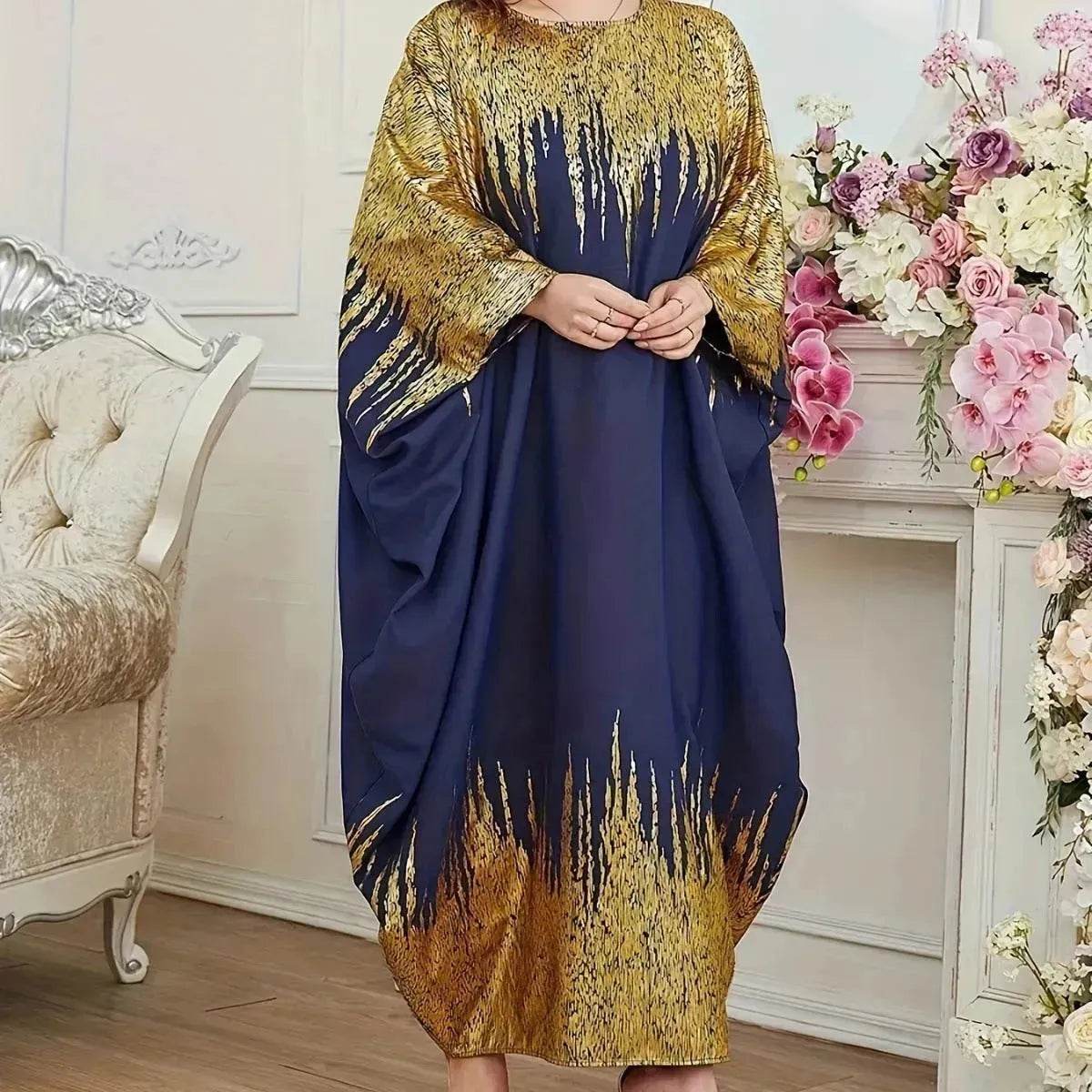 Fashion Embellish Fancy Abaya Middle East Print Color Contrast Patchwork Bat Sleeve Width Loose Summer Long Sleeve Dress - Velora