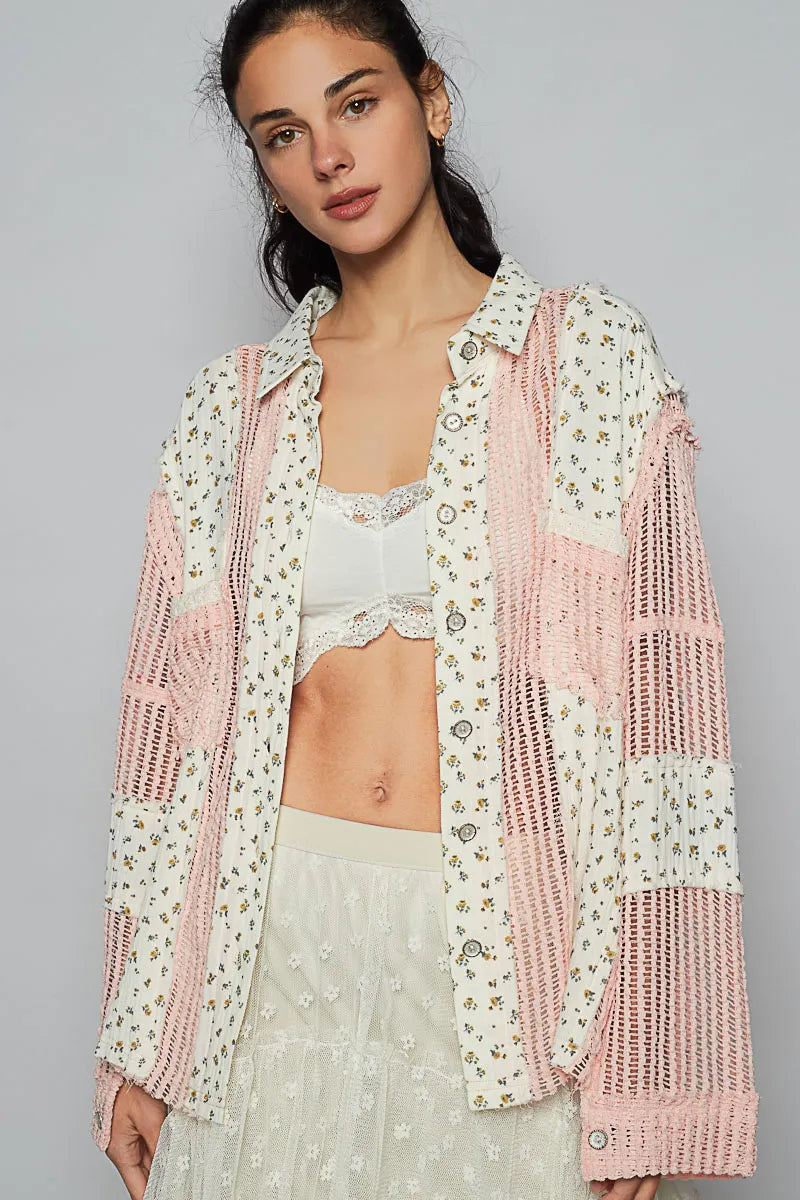 POL Floral Crochet Patchwork Long Sleeve Shirt - Velora