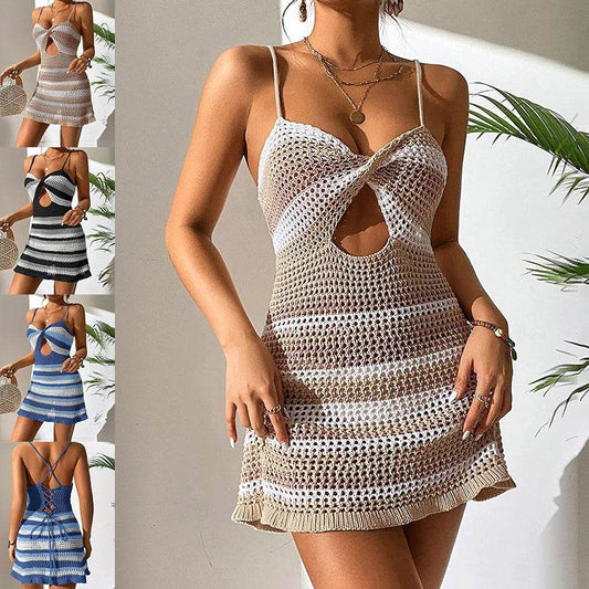 Women Knitted Spaghetti Strap Dress Summer Stripes Twisted Crochet Cutout Party Mini Dress For Beach Cocktail Nightclub - Velora