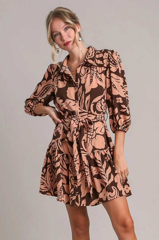 Umgee Full Size Two Tone Floral Print Puff Sleeve Tie Waist Dress Plus Size - Velora