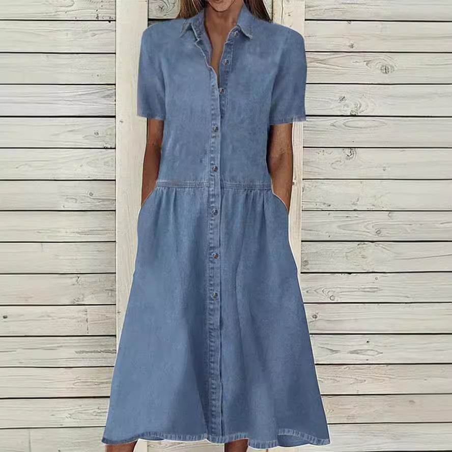 Women's European And American Lapel Casual loose button down Midi Denim jeans Mum Dress - Velora