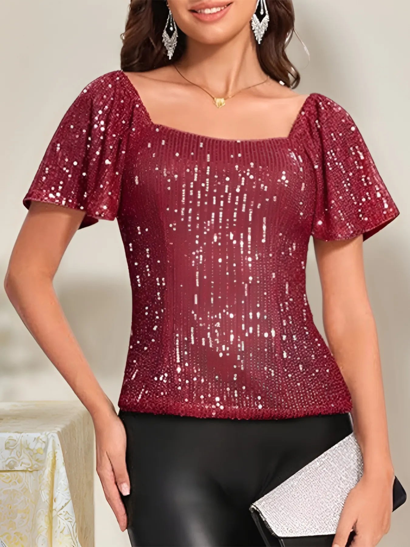 Square Neck Sequin Short Sleeve Blouse - Velora