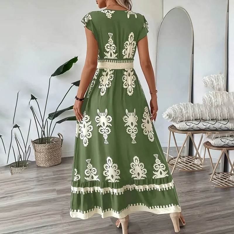 Women's Summer Flowy Maxi Dress Casual Cap Sleeve V Neck Smocked Waist Beach Sundress - Velora