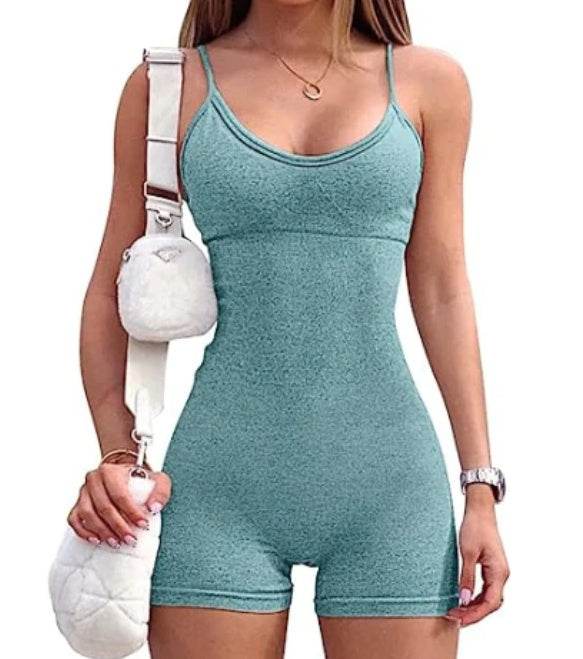 Spaghetti Strap Shorts Jumpsuit Sports Yoga Workout Tight Romper Women Fashion Fitness Sportwear - Velora