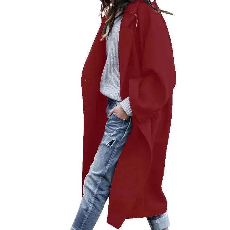 Lapel Single Breasted Women Winter Solid Woolen Trench Coat Long Jacket - Velora