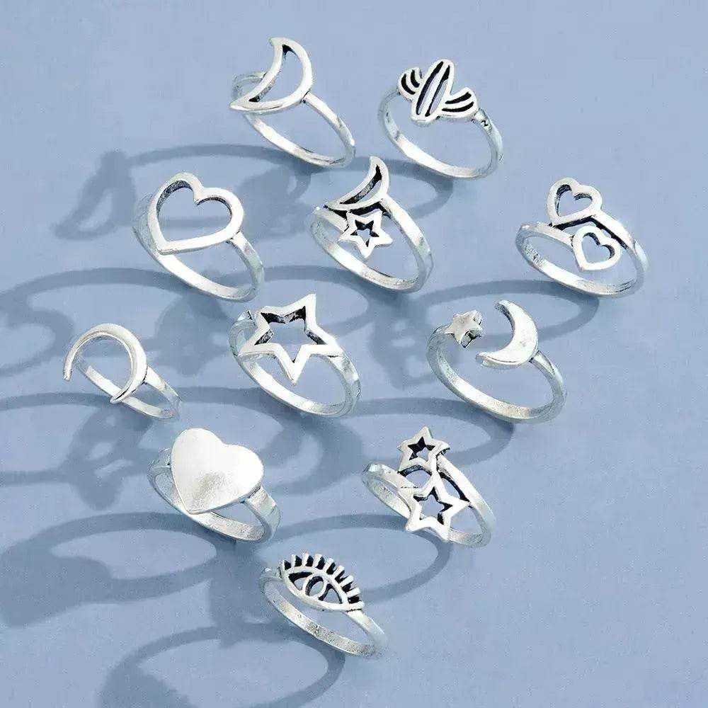 Eleven Sets Of Personalized Retro Hollow Love Stars Moon Cactus Eyes Ring - Velora