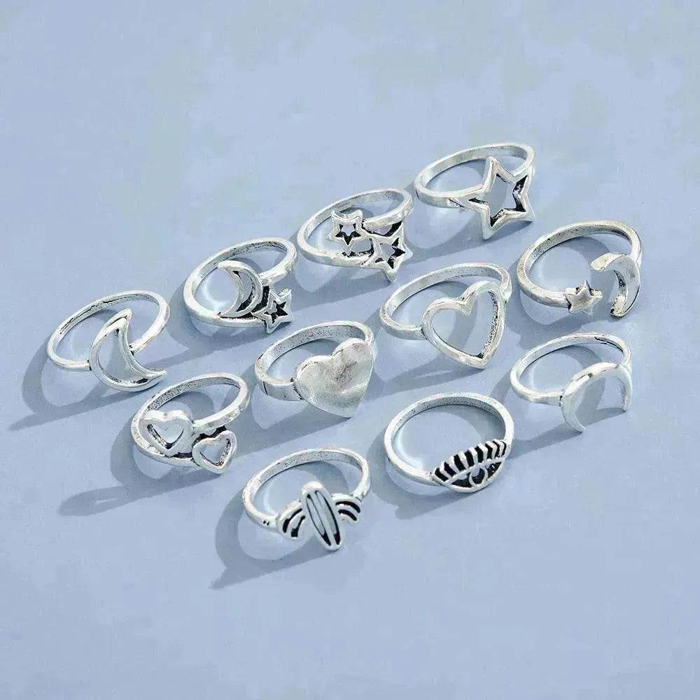 Eleven Sets Of Personalized Retro Hollow Love Stars Moon Cactus Eyes Ring - Velora
