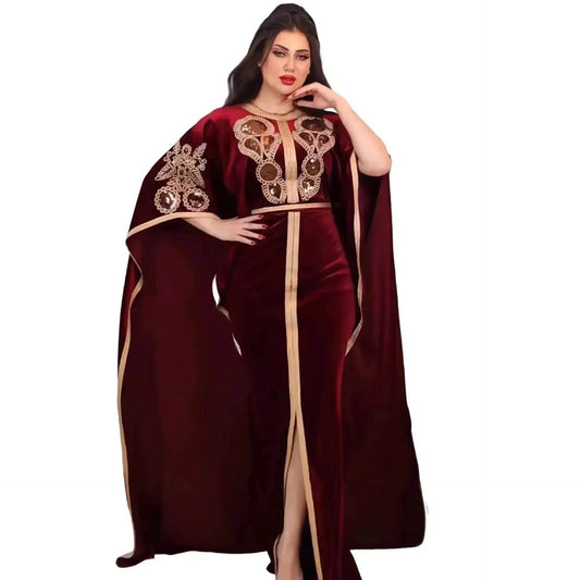 Embroidered Turkish Sequined Gold Velvet Dubai Middle East Women Dress