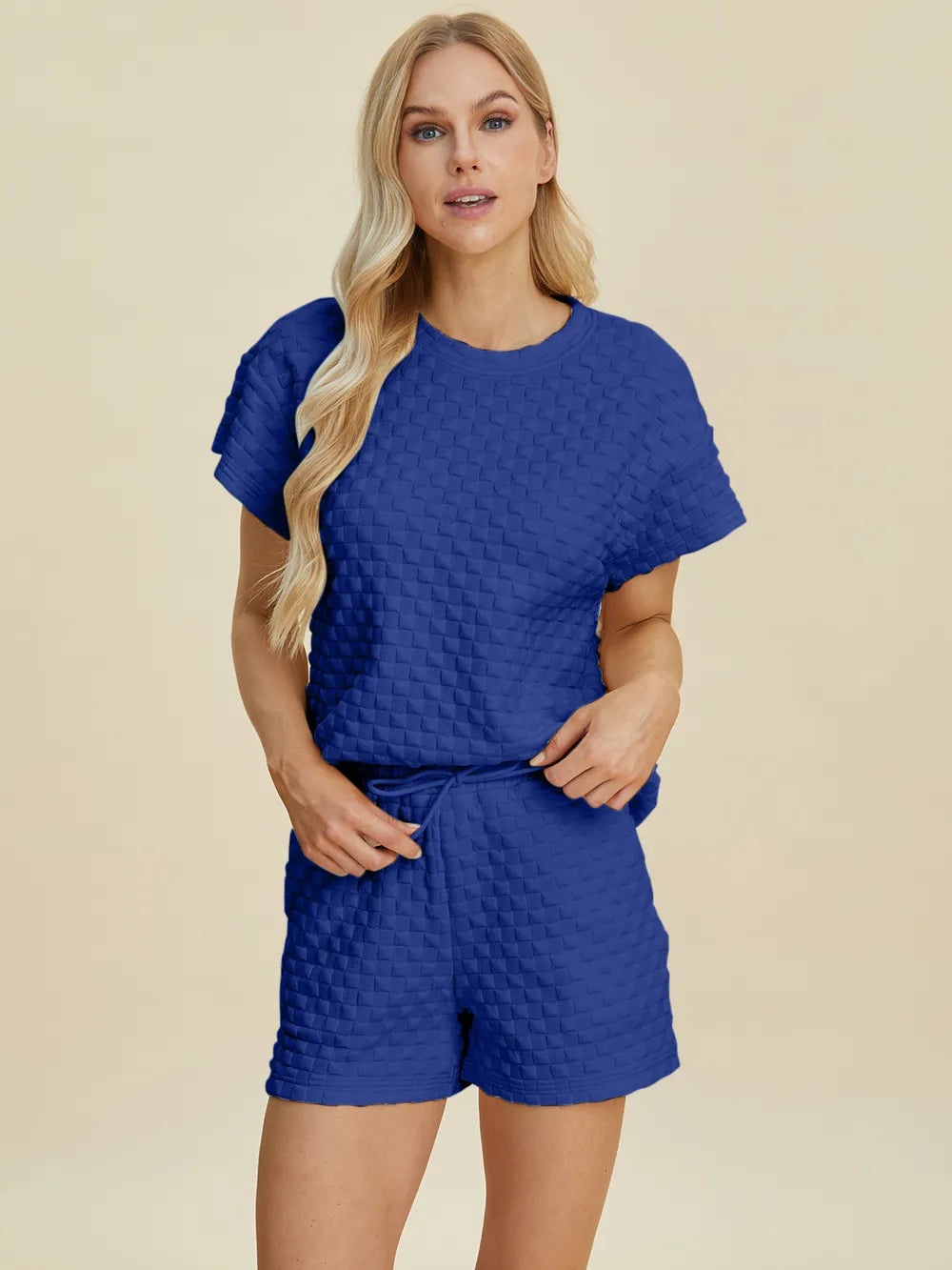 Double Take Full Size Texture T-Shirt and Shorts Set - Velora