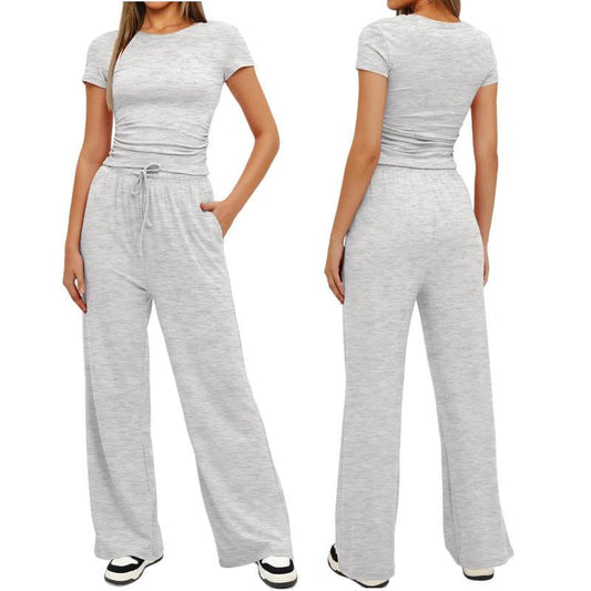 Fashion Casual Set Pleated Short Sleeves Top And Trousers - Velora