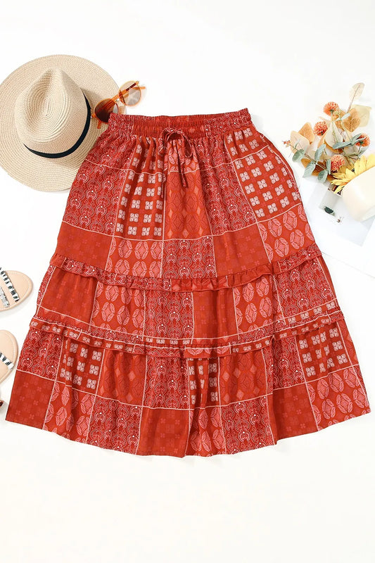 Printed Drawstring Midi Skirt - Velora