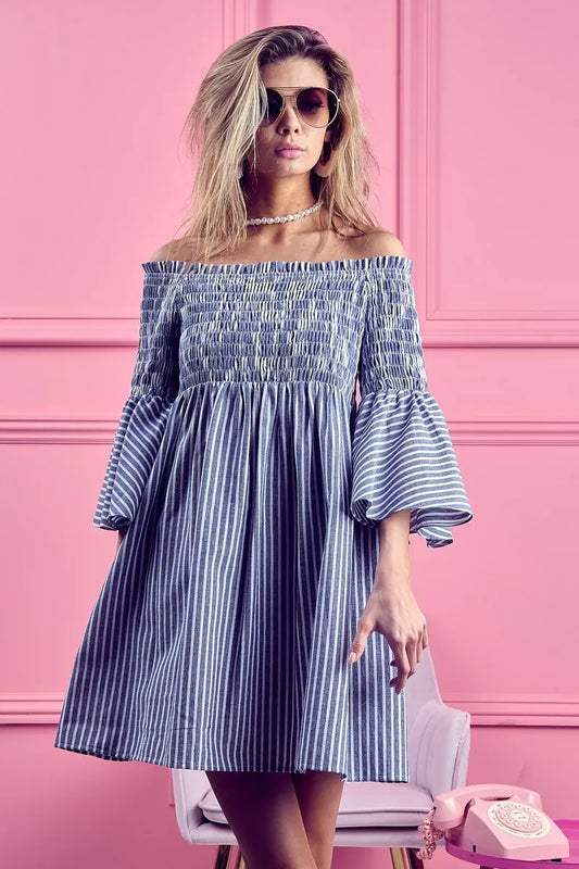 BiBi Smocked Off Shoulder Striped Dress - Velora