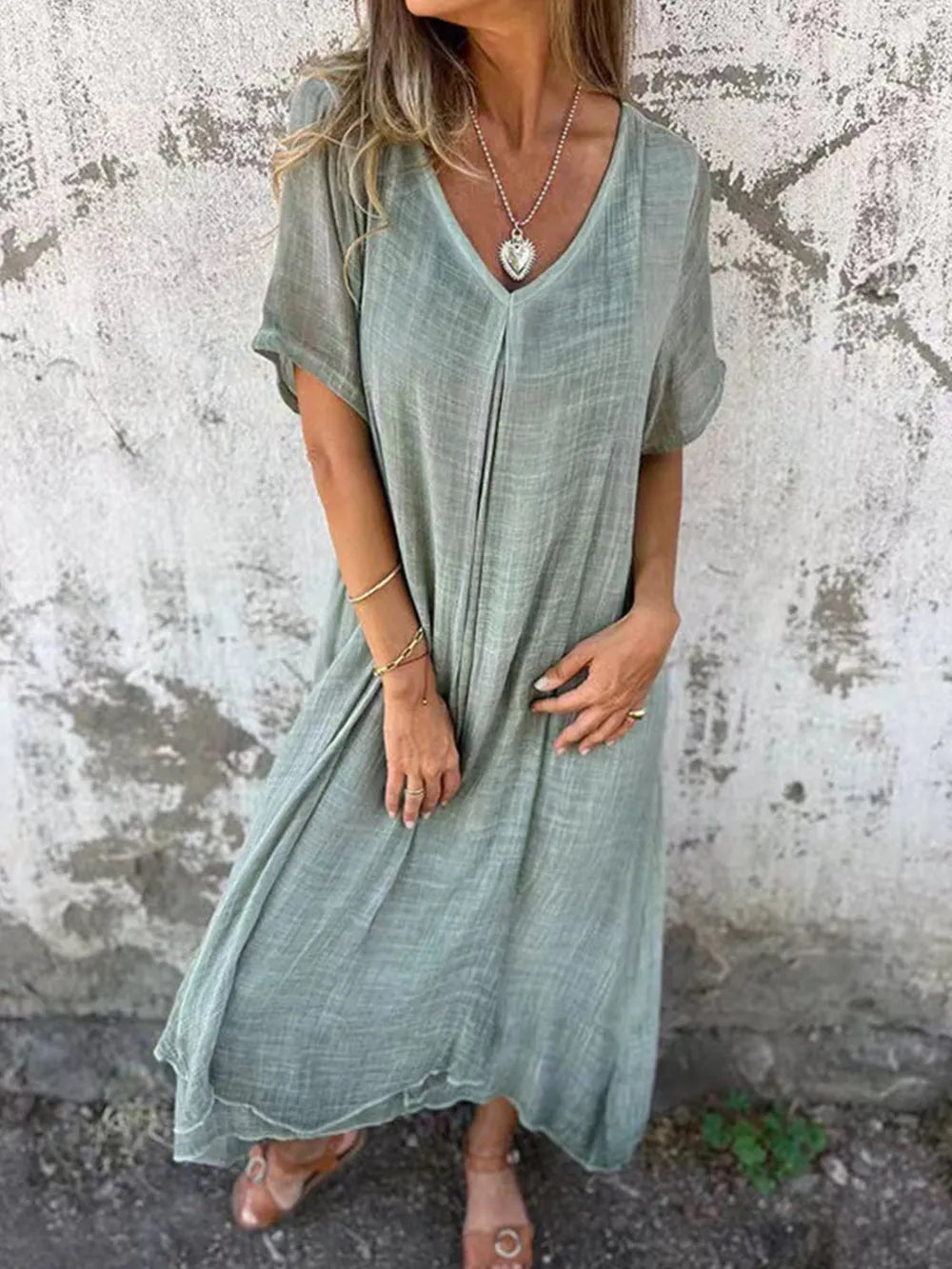 Full Size V-Neck Short Sleeve Midi Dress Plus Size - Velora