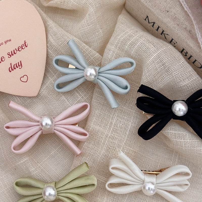 Side Clip Bangs Pearl Bow A Pair Of Hairclips Duckbill Clip - Velora