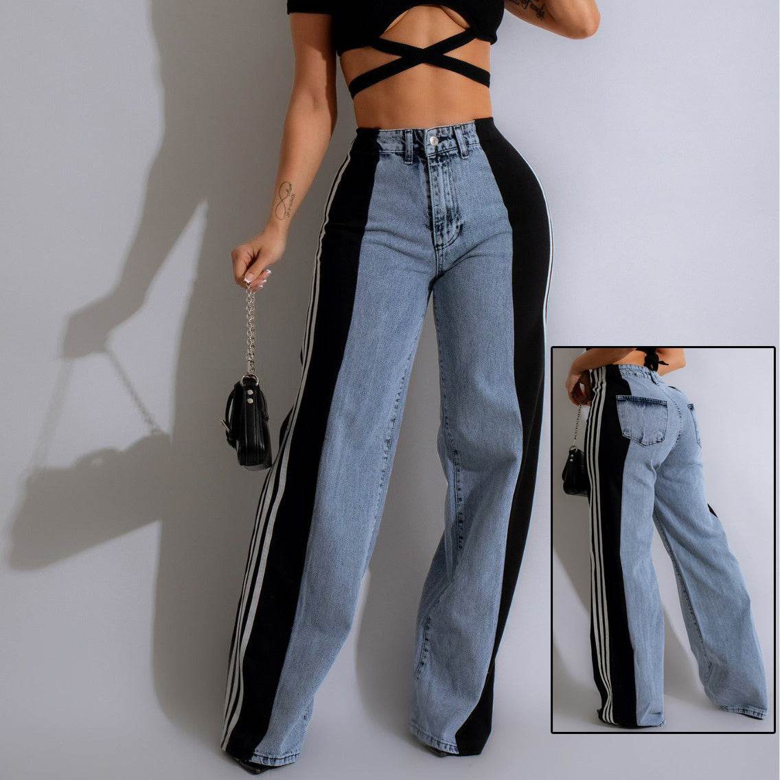 2024 Fashion Casual High Waist Elastic Straight Leg Trousers Three Stripe Patchwork Denim Wide Leg Pants Streetwear - Velora
