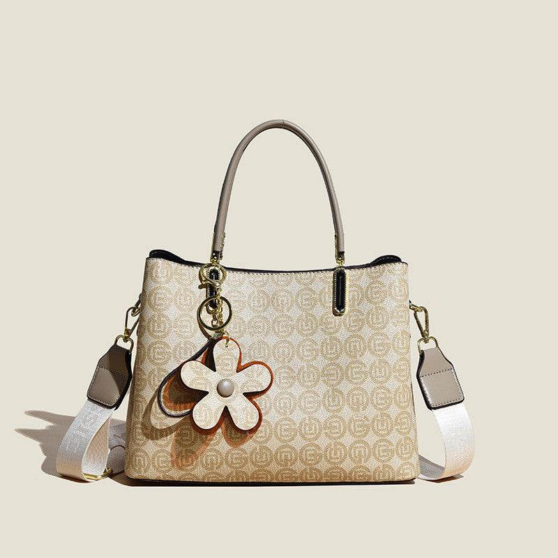 Printed Tote Bag With Flower Pendant New Temperament Shoulder Bag For Women Fashion Large-capacity Crossbody Bag - Velora
